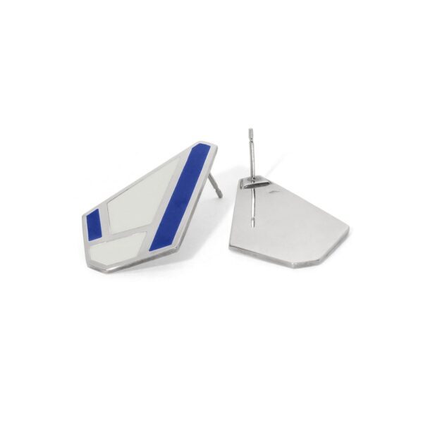 Boucles d'oreilles Olpi argent laque bleue vue dos fond blanc finitions poli