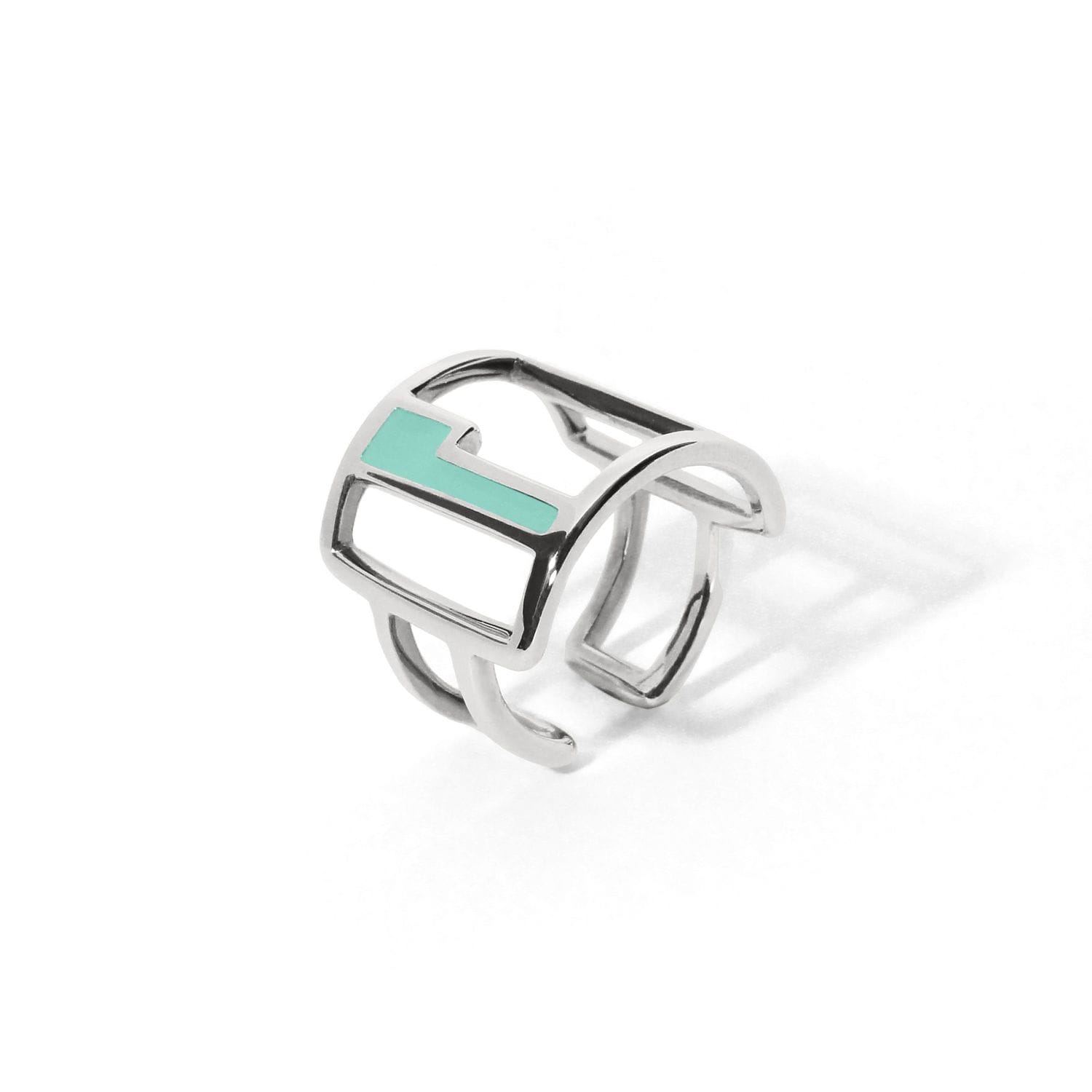 Bague Icto argent laque turquoise fond blanc design moderne epure
