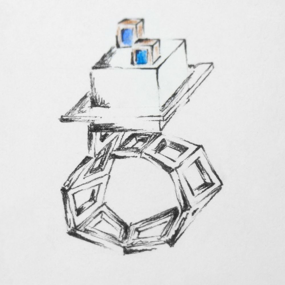 Croquis de recherche pour la création de la bague Adapa avec un design ajoure un cube et du bois
