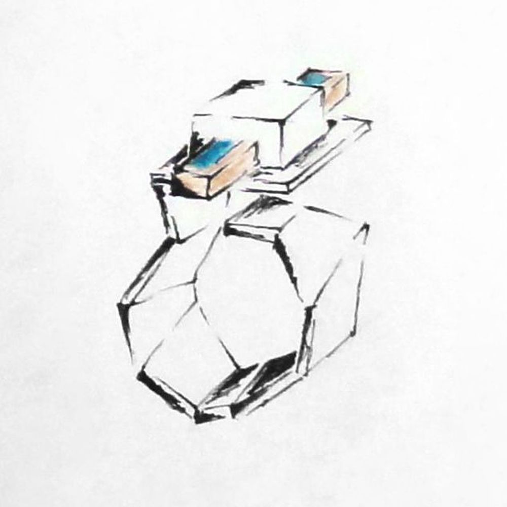 Croquis de recherche pour la bague Adapa avec un cube traverse par un petit morceau de bois laque